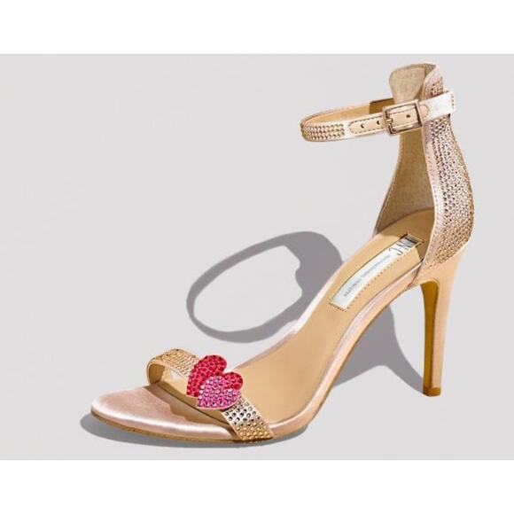 Macy's 7 Rayelle y2k Rhinestone HEARTS Strappy Sandals CRYSTAL Champagne Heels - Picture 1 of 10